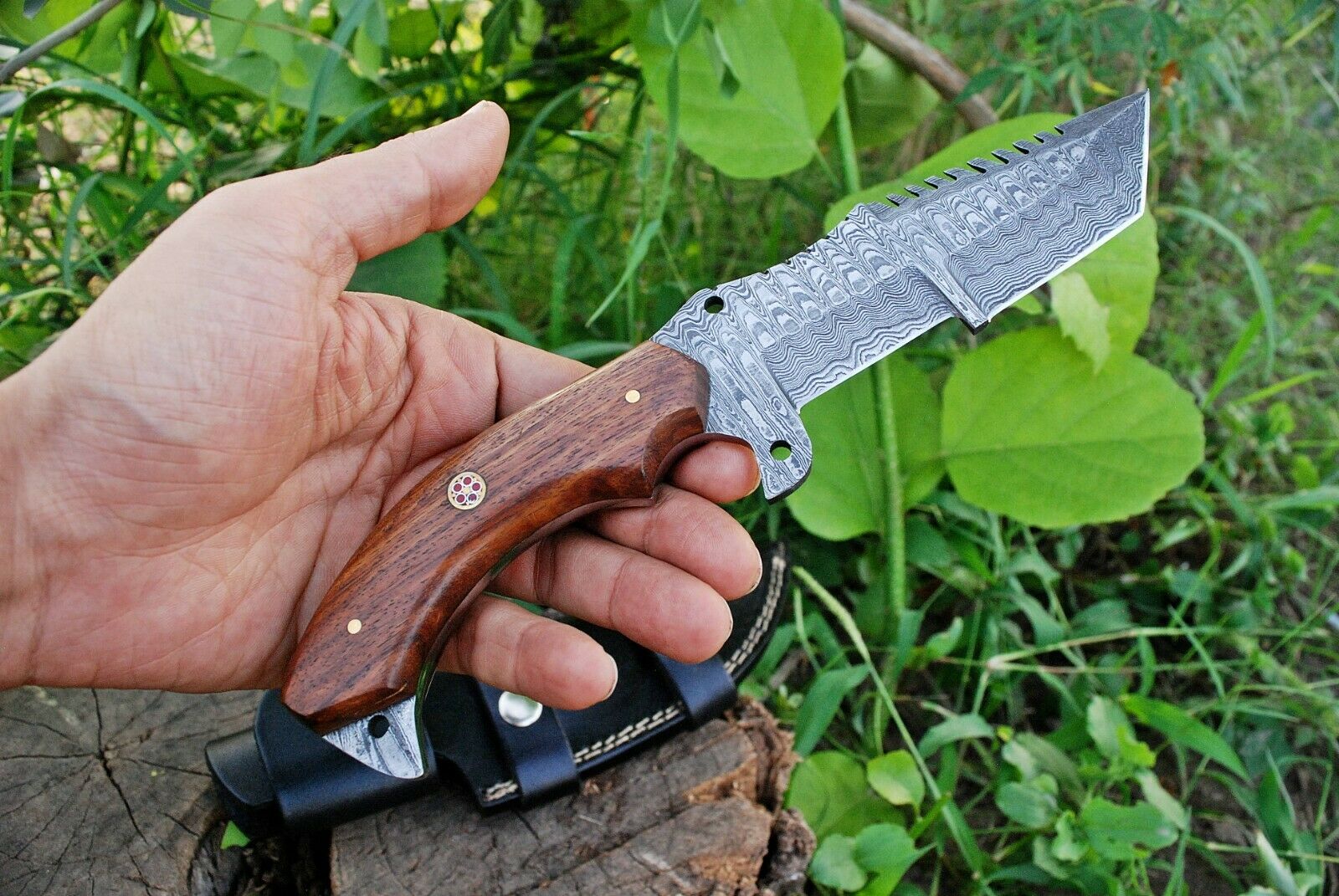 Custom Handmade Damascus Tanto Tracker Knife with Rosewood Handle - 10 inches Overall Length, Serrated Top Blade - Image 3