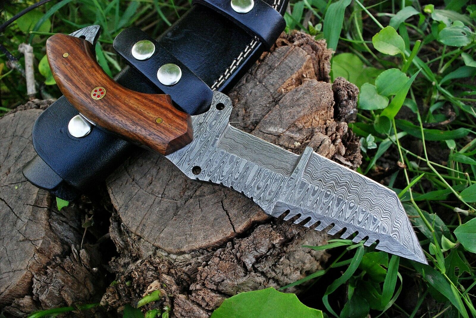 Custom Handmade Damascus Tanto Tracker Knife with Rosewood Handle - 10 inches Overall Length, Serrated Top Blade - Image 4