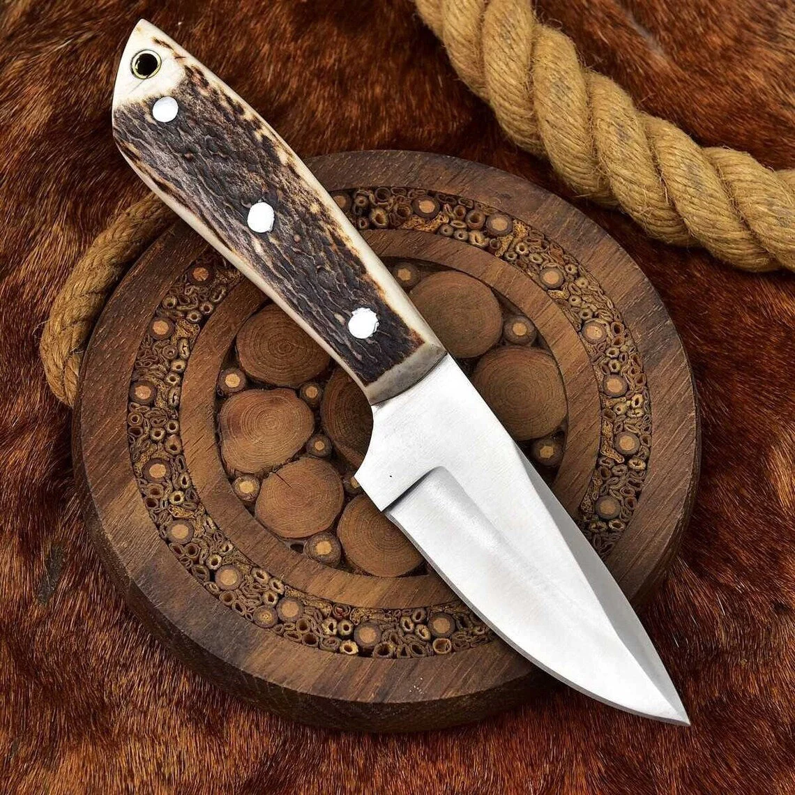 Custom Handmade Elk Skinning Knife with Leather Sheath - Image 2