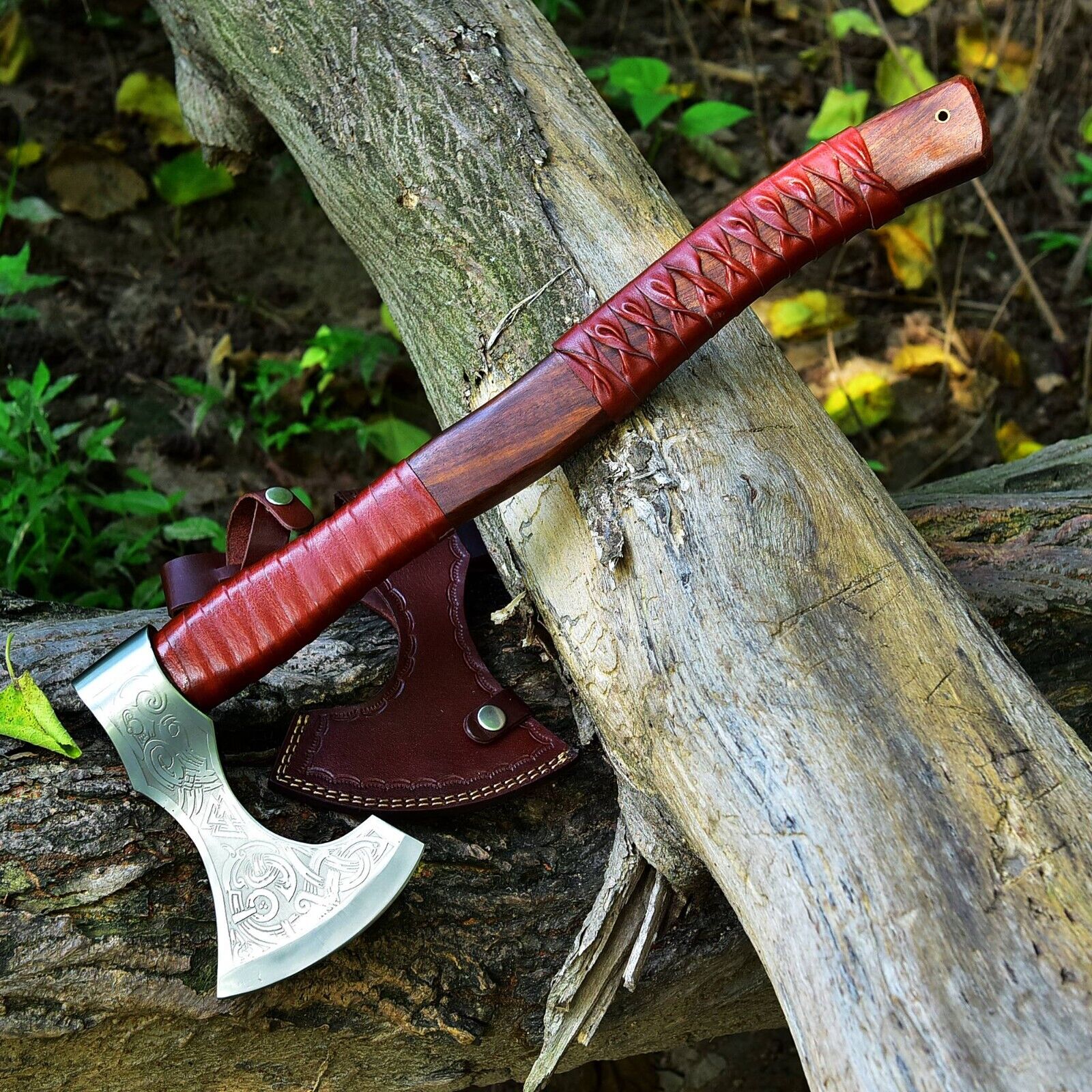 Custom Handmade Hand Engraved High Carbon Steel Viking Tomahawk Axe with Rosewood Handle and Leather Wrap by KBS Knives Store - Image 2