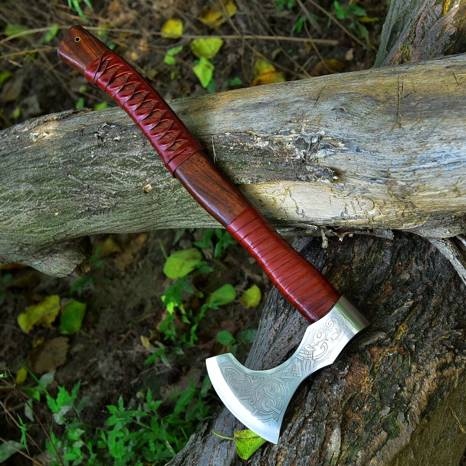 Custom Handmade Hand Engraved High Carbon Steel Viking Tomahawk Axe with Rosewood Handle and Leather Wrap by KBS Knives Store - Image 3