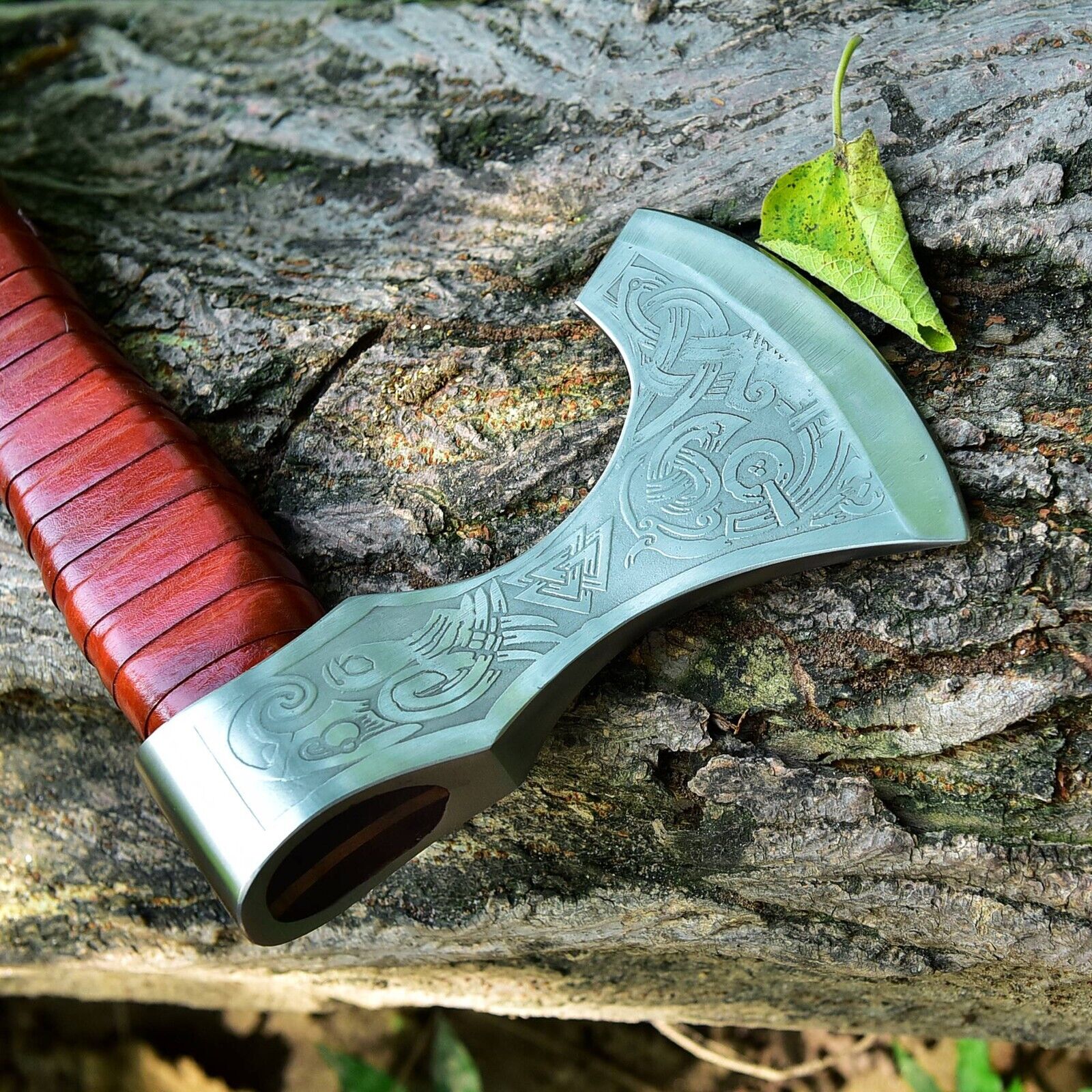 Custom Handmade Hand Engraved High Carbon Steel Viking Tomahawk Axe with Rosewood Handle and Leather Wrap by KBS Knives Store - Image 4