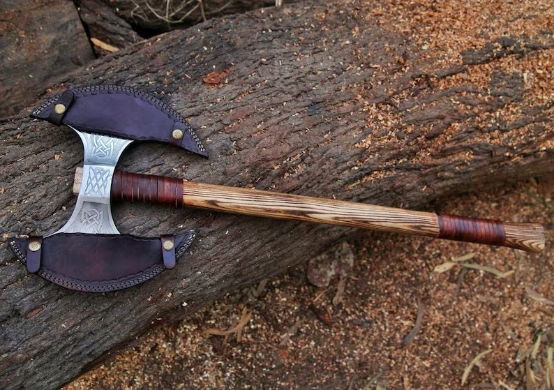 "Custom Handmade High Carbon Engraved Double Head Viking Axe | Ash Wood Handle | Leather Sheath | KBS Knives Store" - Image 2