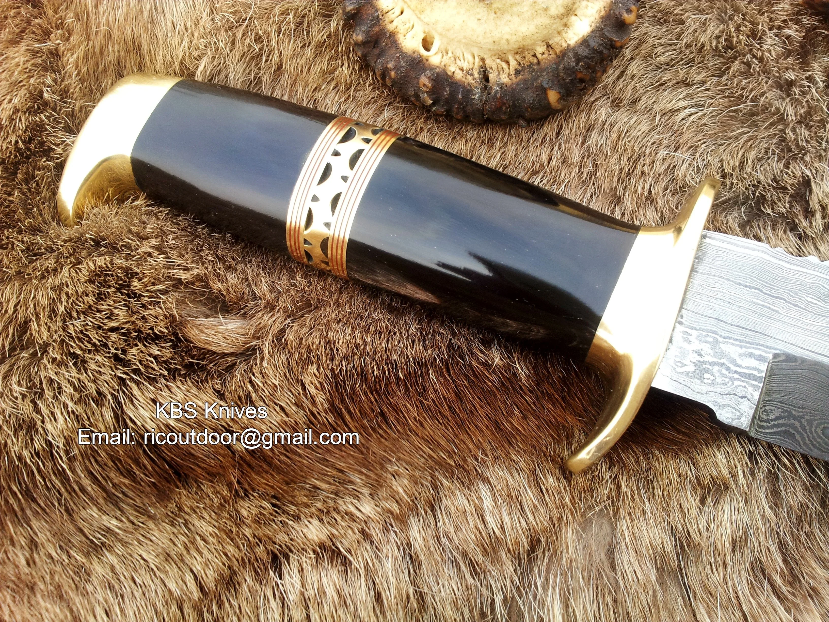 Custom Handmade Hunting Bowie Knife with Damascus Steel Blade & Buffalo Horn Handle - 13 Inches - Image 2