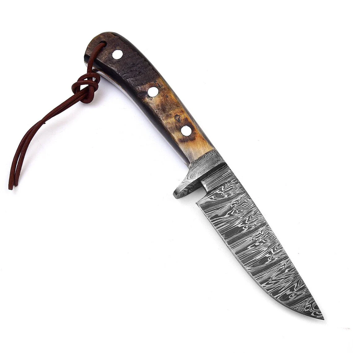 Custom Handmade Hunting Knife with Fire Pattern Damascus Steel Blade and Sheep Horn Handle, 8.25-Inch Overall Length with Leather Sheath - Image 2
