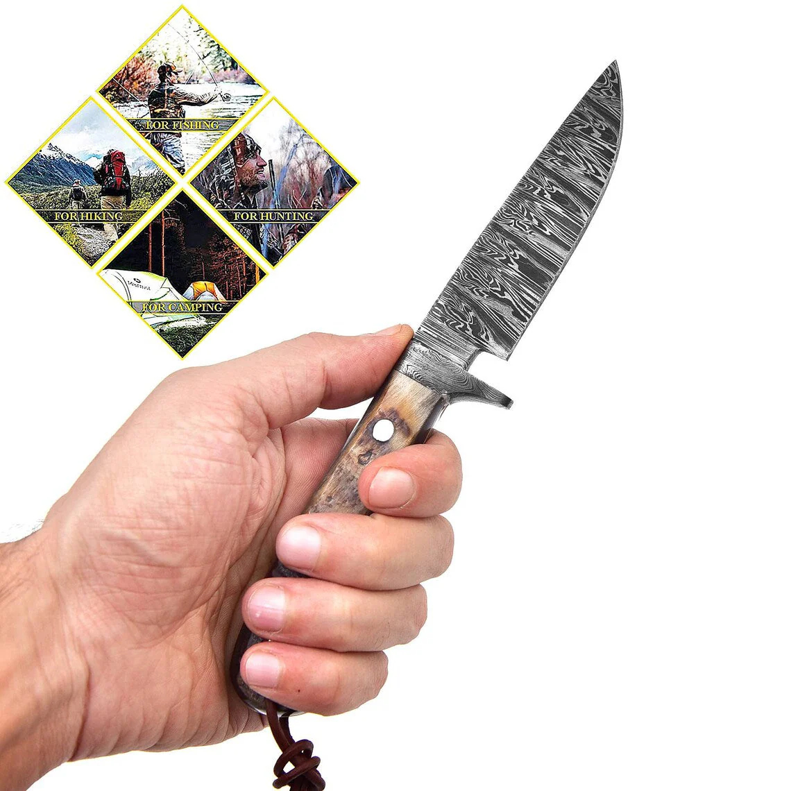 Custom Handmade Hunting Knife with Fire Pattern Damascus Steel Blade and Sheep Horn Handle, 8.25-Inch Overall Length with Leather Sheath - Image 3