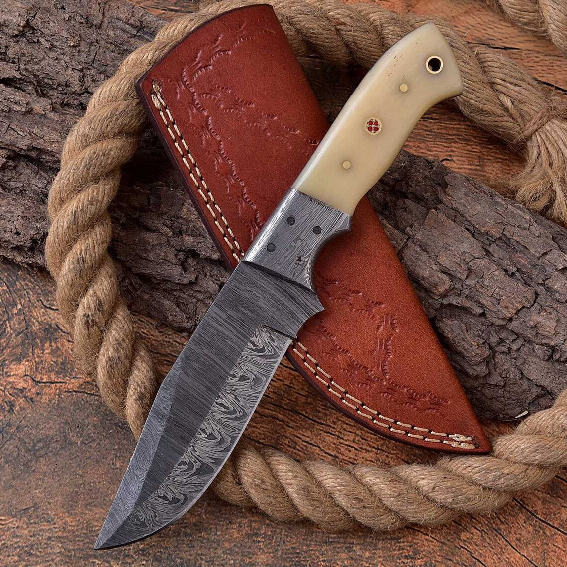 Custom Handmade Hunting Knife with Full Tang Damascus Steel Blade and Bone Handle - 9 Inches - Image 3