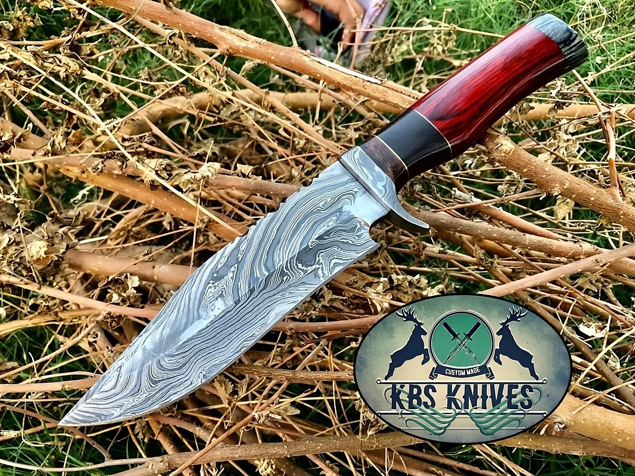 Custom Handmade Original Bowie Knife with Damascus Steel Blade and Colored Wood Handle - 12.5 Inches - Image 2