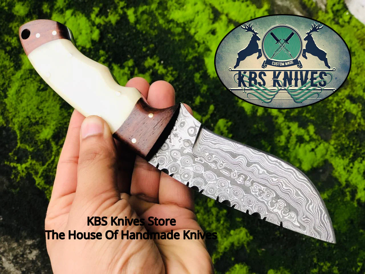 Custom Handmade Raindrop Damascus Steel Hunting Camping Knife - Image 2