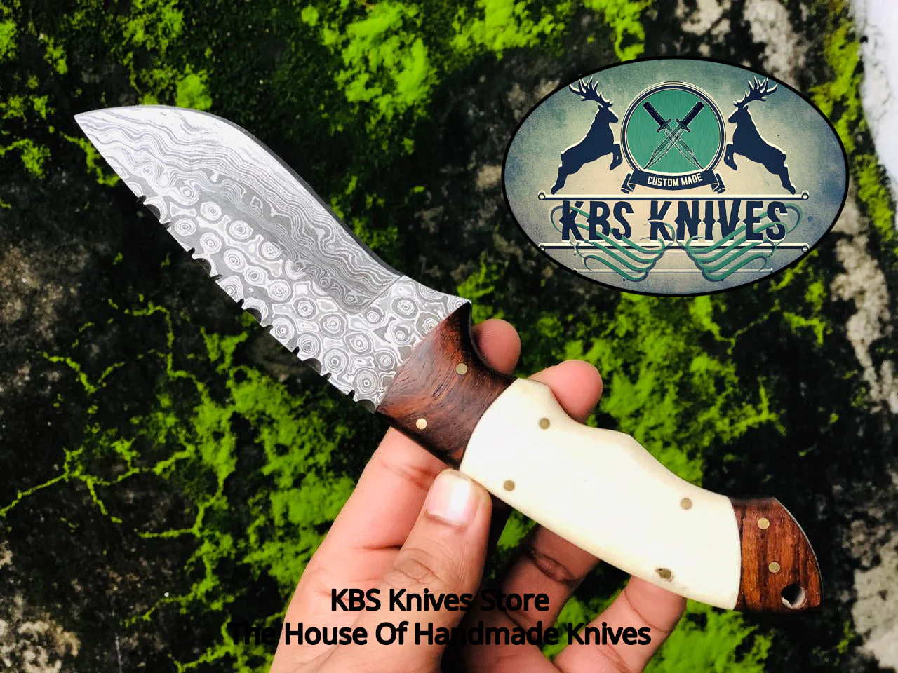 Custom Handmade Raindrop Damascus Steel Hunting Camping Knife - Image 3