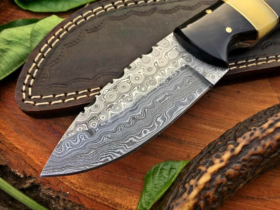 Custom Handmade Raindrop Damascus Steel Hunting EDC Skinning Knife - Image 2