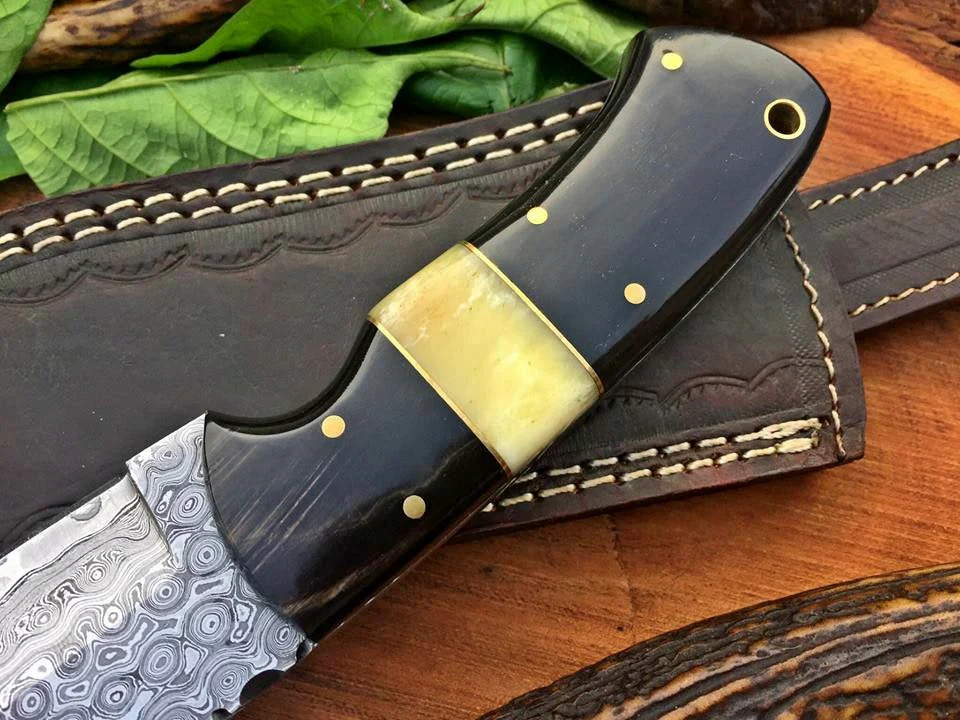 Custom Handmade Raindrop Damascus Steel Hunting EDC Skinning Knife - Image 3
