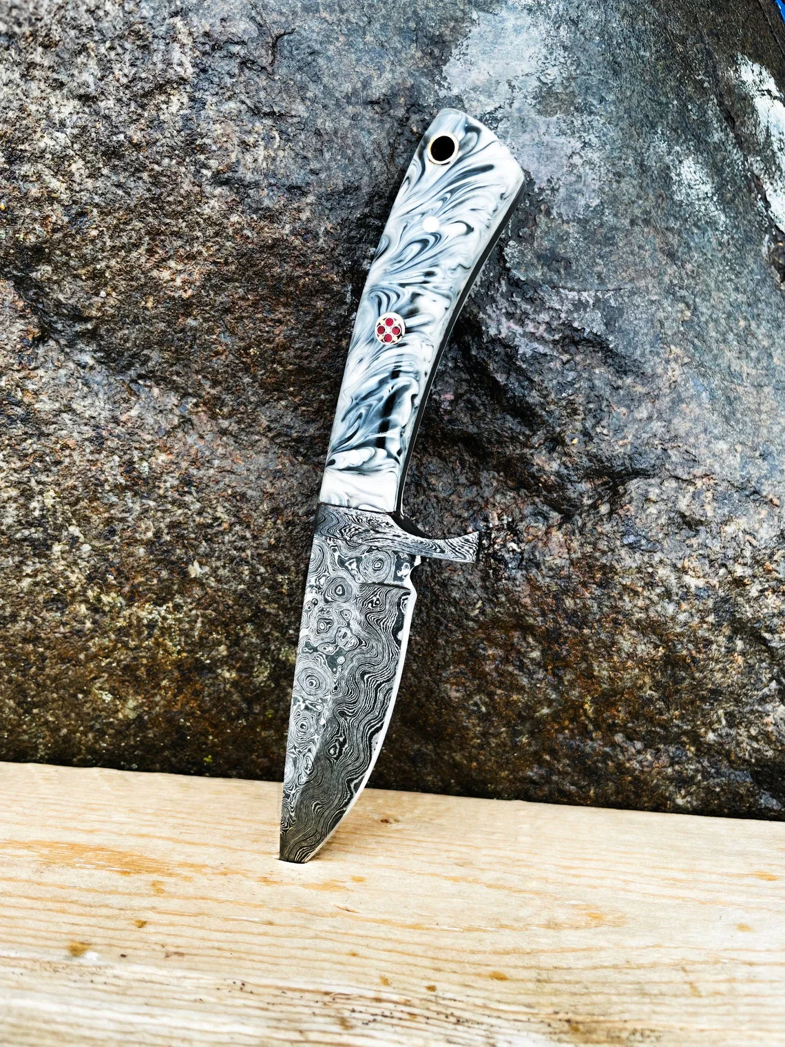 Custom Handmade Raindrop Damascus Steel Hunting Knife - Image 3