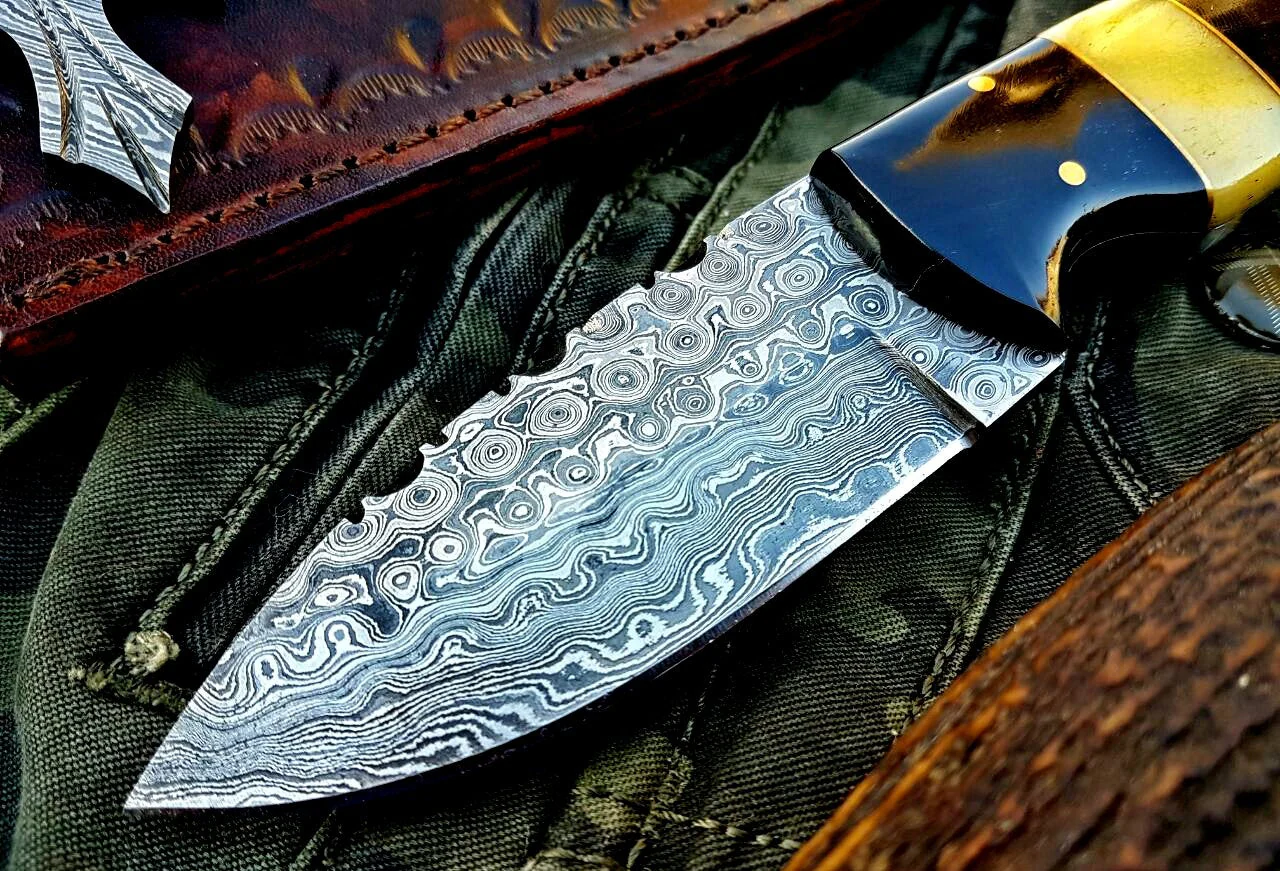 Custom Handmade Raindrop Damascus Steel Skinning Knife - Image 2