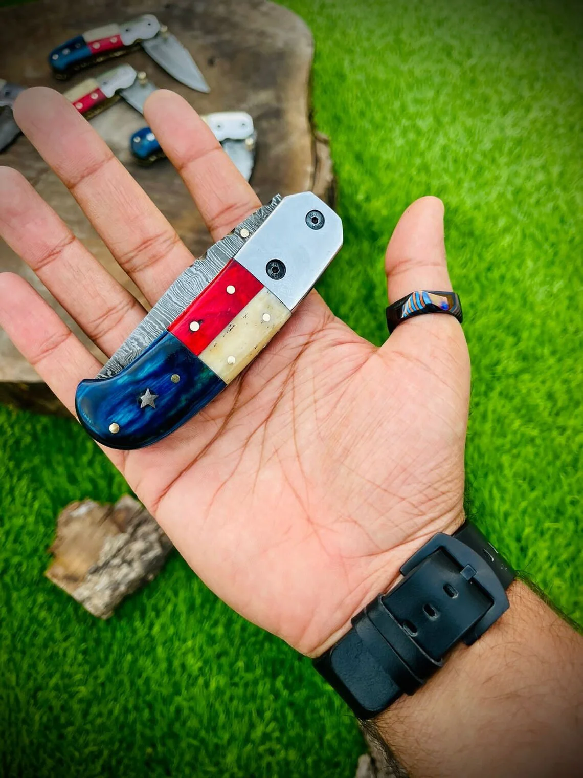 "Custom Handmade Texas Flag Damascus Steel Folding Pocket Knife | Exotic Wood-Bone Texas Flag Handle | 3.1 Inch Blade | Leather Sheath | KBS Knives Store" - Image 2