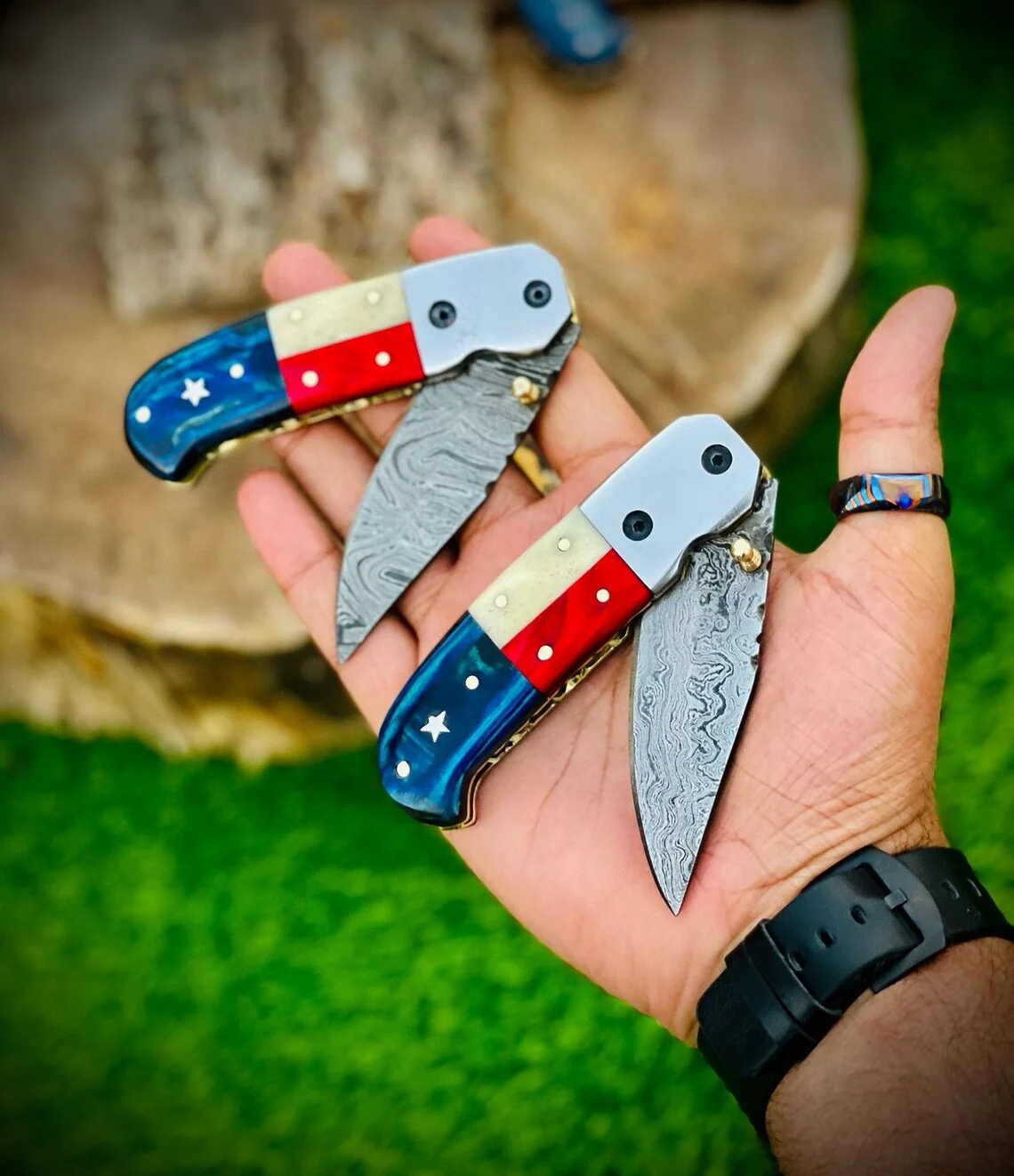 "Custom Handmade Texas Flag Damascus Steel Folding Pocket Knife | Exotic Wood-Bone Texas Flag Handle | 3.1 Inch Blade | Leather Sheath | KBS Knives Store" - Image 3