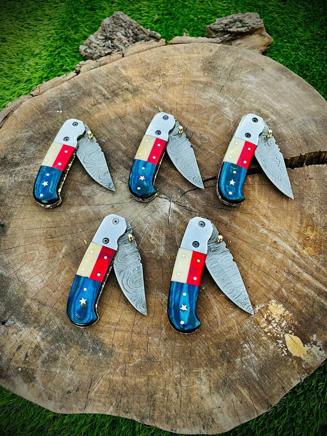 "Custom Handmade Texas Flag Damascus Steel Folding Pocket Knife | Exotic Wood-Bone Texas Flag Handle | 3.1 Inch Blade | Leather Sheath | KBS Knives Store" - Image 4