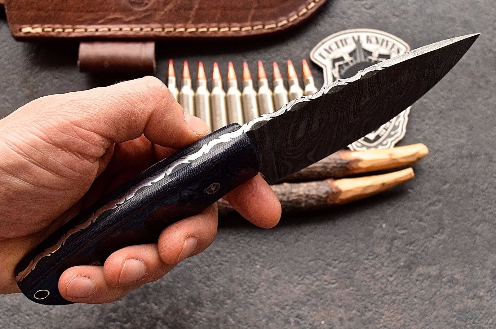 Custom Handmade Twist Damascus WIDE Deer - Elk Hunting Skinner EDC Knife - Image 4