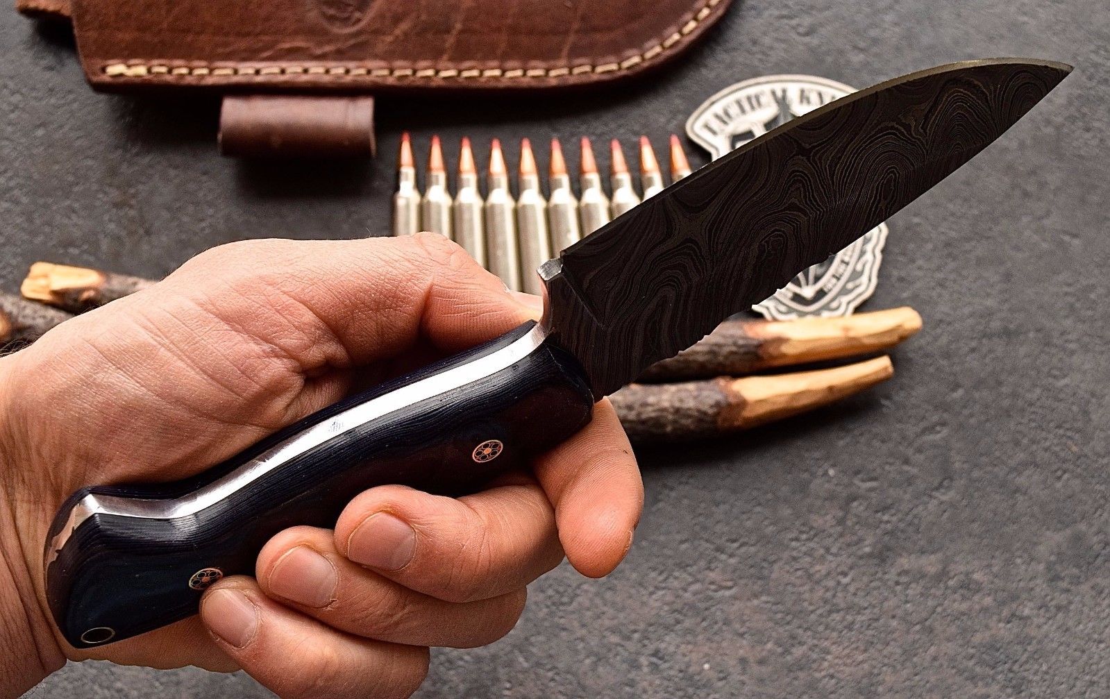 Custom Handmade Twist Damascus WIDE Deer - Elk Hunting Skinner EDC Knife - Image 5