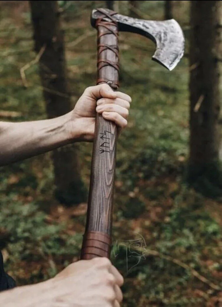 Custom Handmade Viking Battle Axe with Forged 1095 Steel Blade and Rosewood Leather-Wrapped Handle – KBS Knives Store - Image 3