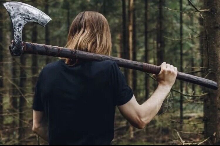 Custom Handmade Viking Battle Axe with Forged 1095 Steel Blade and Rosewood Leather-Wrapped Handle – KBS Knives Store - Image 5