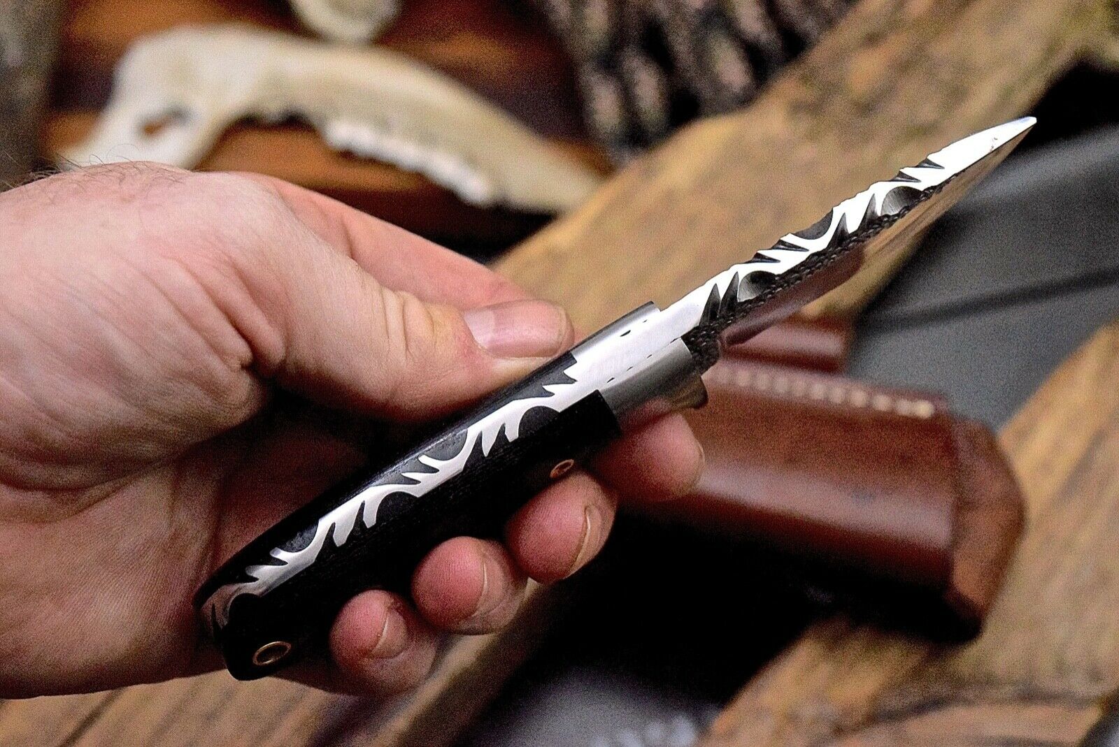 Custom Skinning Hunting Knife | Hand Forged 1095 Steel Blade with Micarta Handle | 7.2 Inches | Leather Sheath | KBS Knives - Image 2