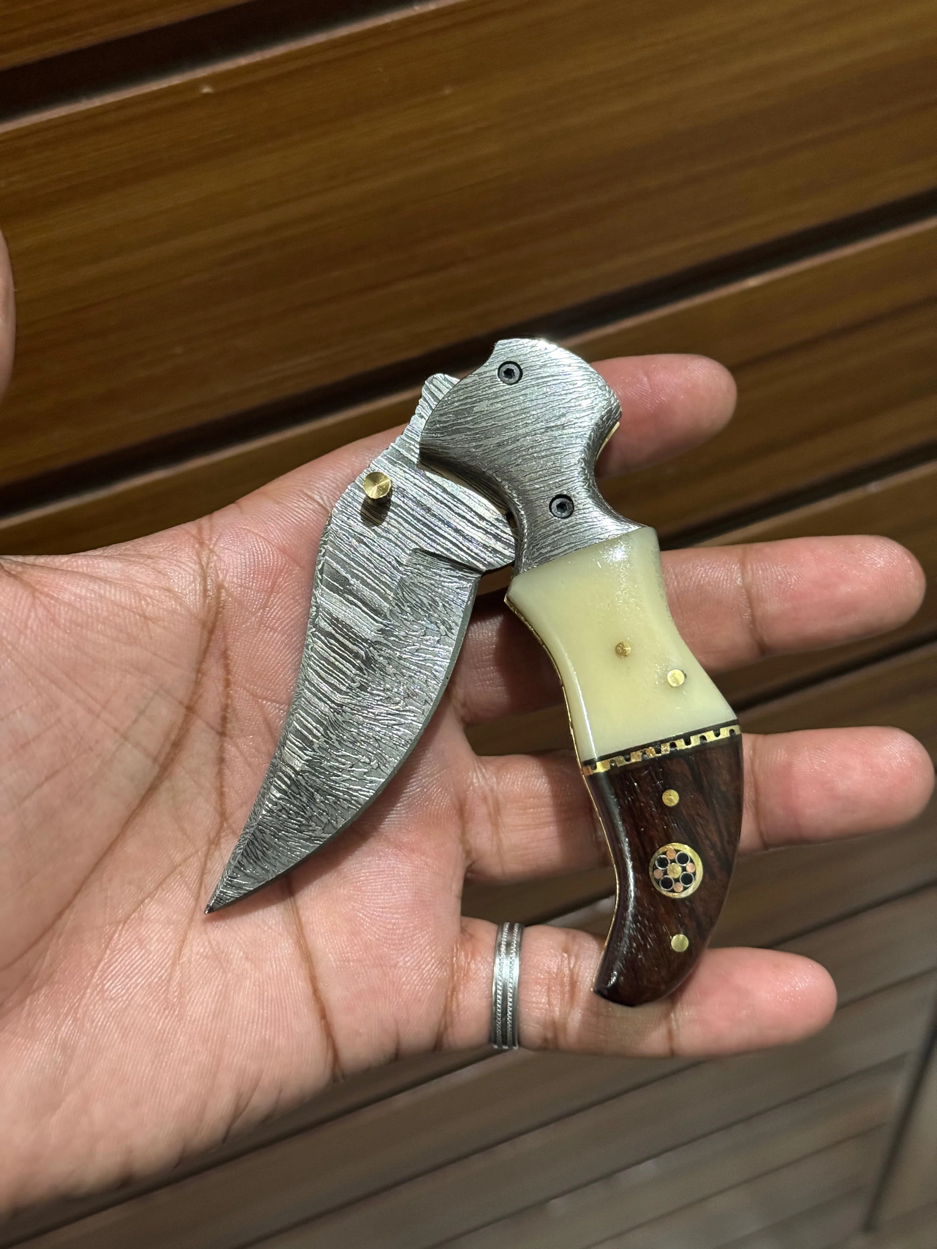 Damascus Handmade Custom Folding Pocket Knife with Buffalo Horn and Rosewood Handle, 3.2-inch Blade Length - Image 2