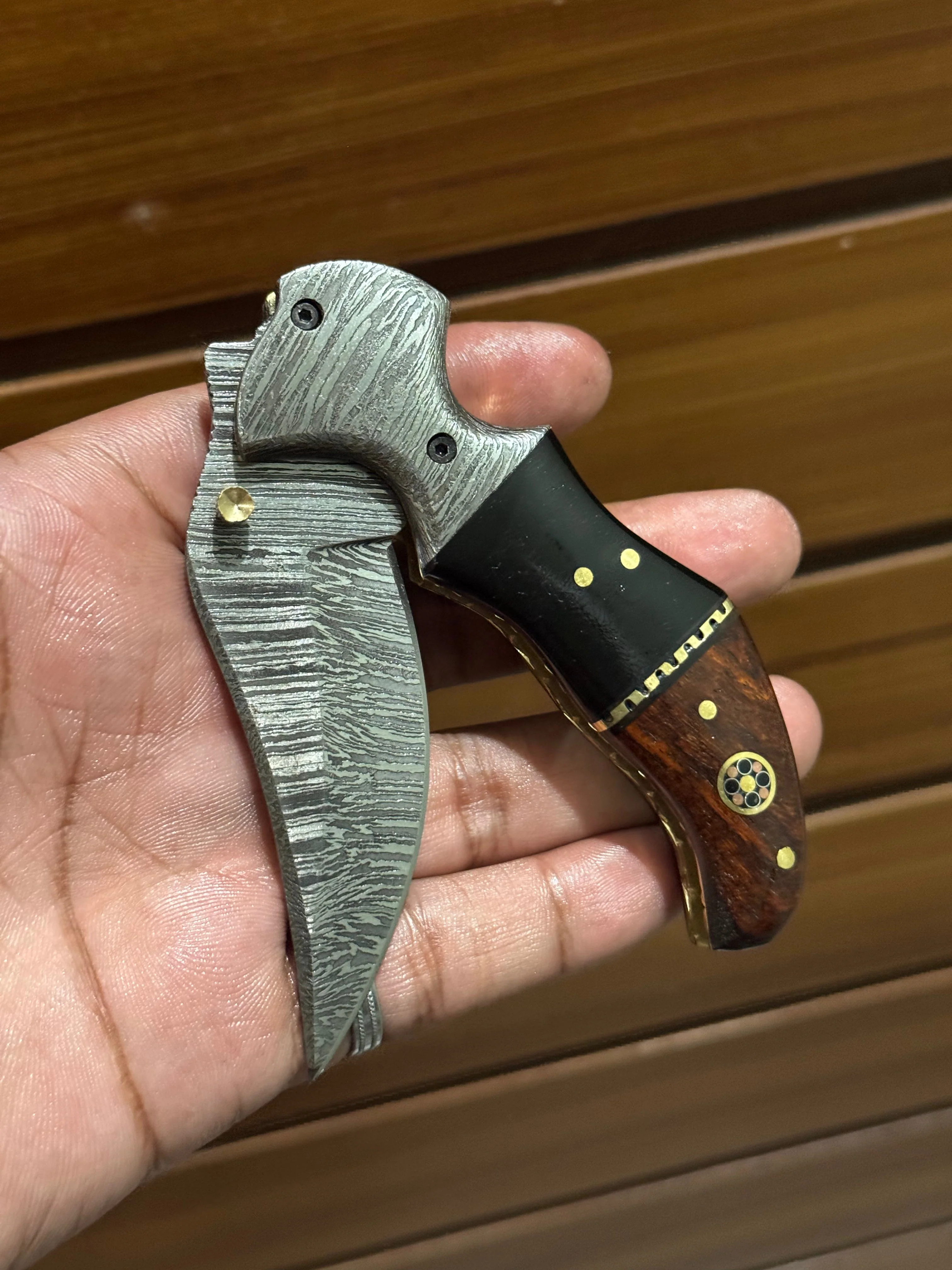 Damascus Handmade Custom Folding Pocket Knife with Buffalo Horn and Rosewood Handle, 3.2-inch Blade Length - Image 3