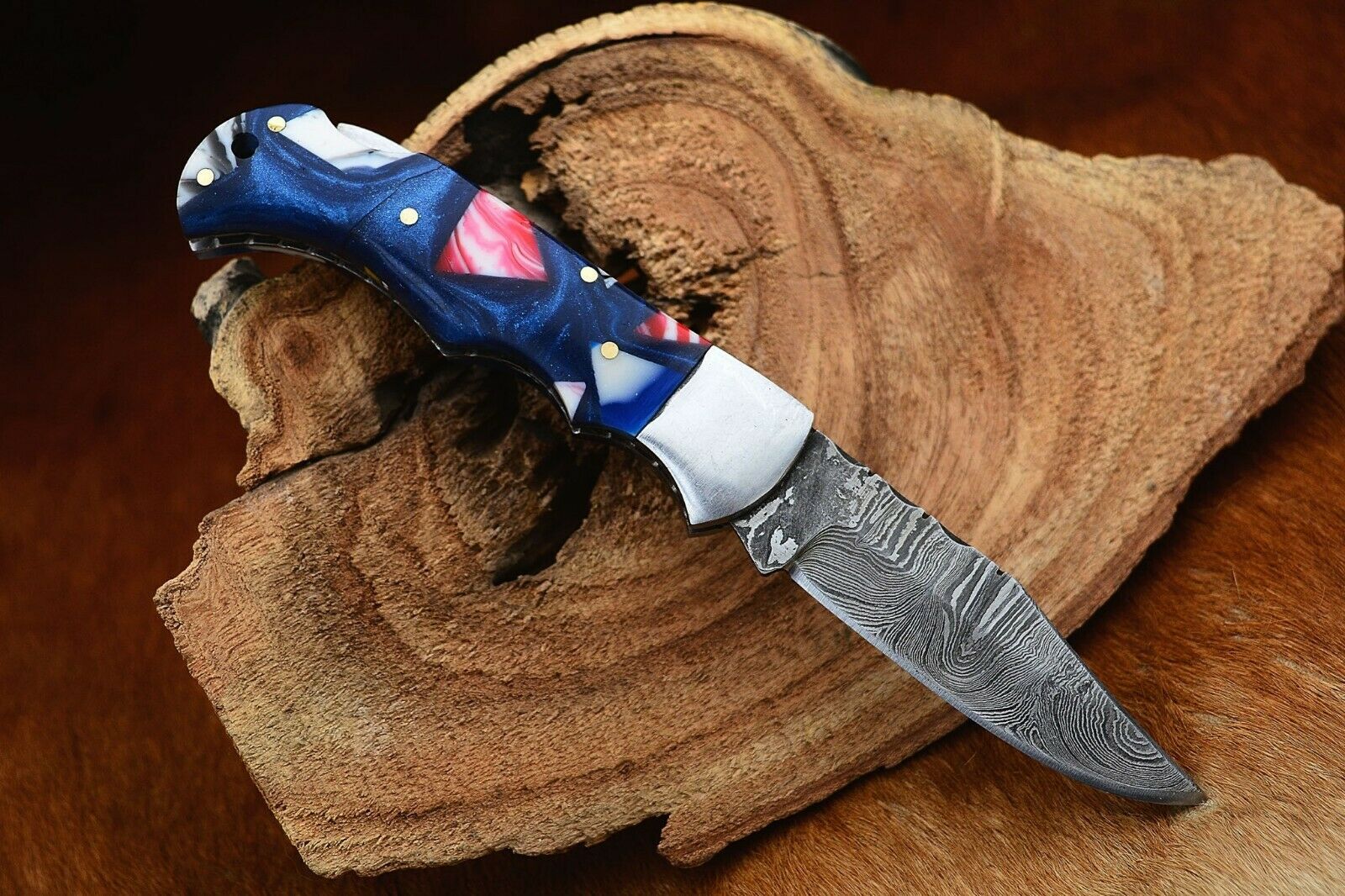 Damascus Handmade Custom Folding Pocket Knife with Epoxy Resin and Steel Bolster Handle, 3-inch Blade Length - Image 2