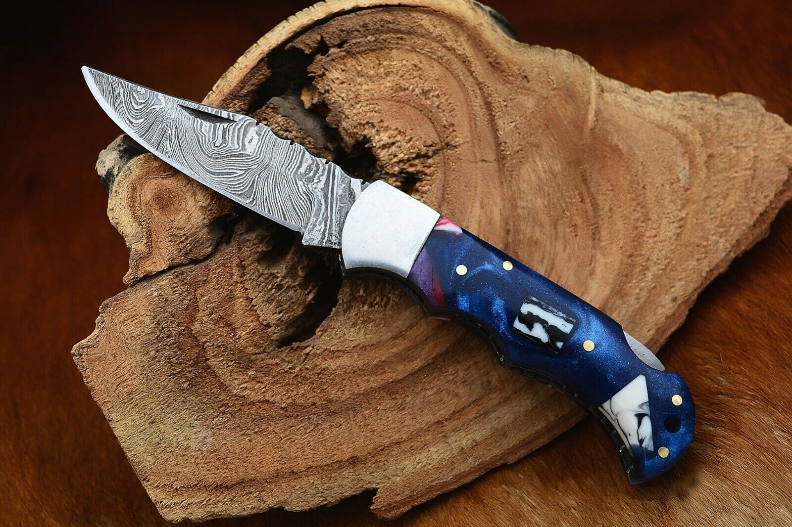Damascus Handmade Custom Folding Pocket Knife with Epoxy Resin and Steel Bolster Handle, 3-inch Blade Length - Image 3