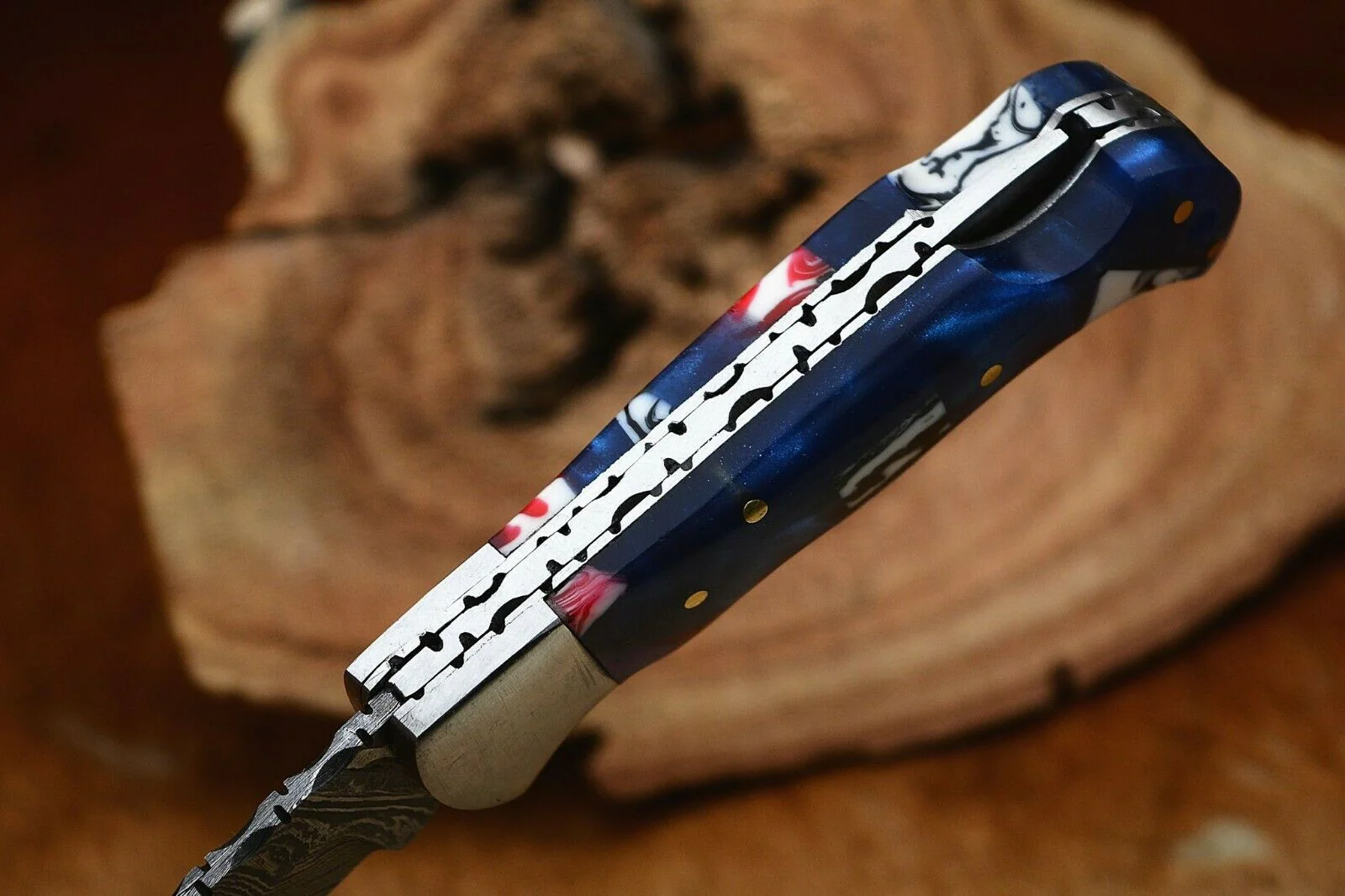 Damascus Handmade Custom Folding Pocket Knife with Epoxy Resin and Steel Bolster Handle, 3-inch Blade Length - Image 4