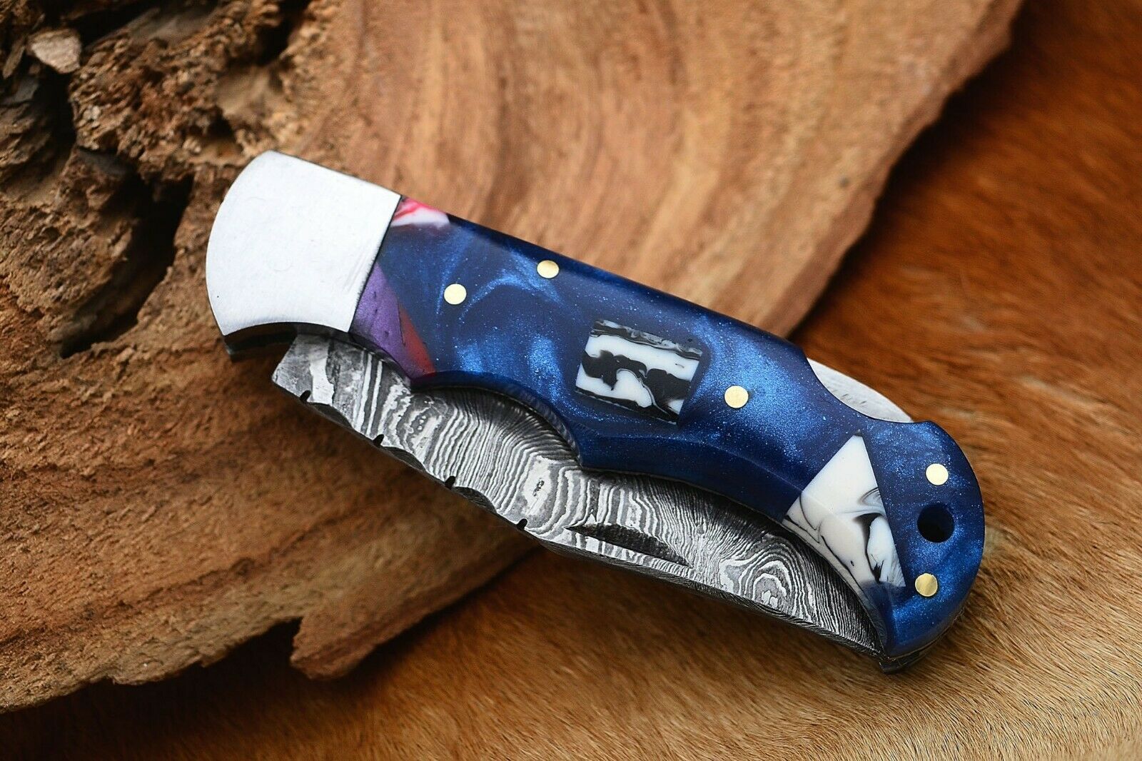 Damascus Handmade Custom Folding Pocket Knife with Epoxy Resin and Steel Bolster Handle, 3-inch Blade Length - Image 5