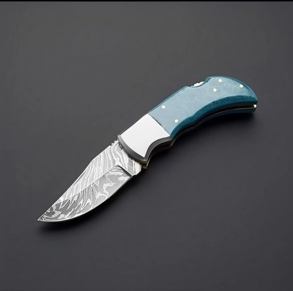 Damascus Knives for Sale | Custom Handmade Damascus Steel Pocket Knife with Turquoise Epoxy Handle | 2.5-Inch Blade by KBS Knives - Image 2
