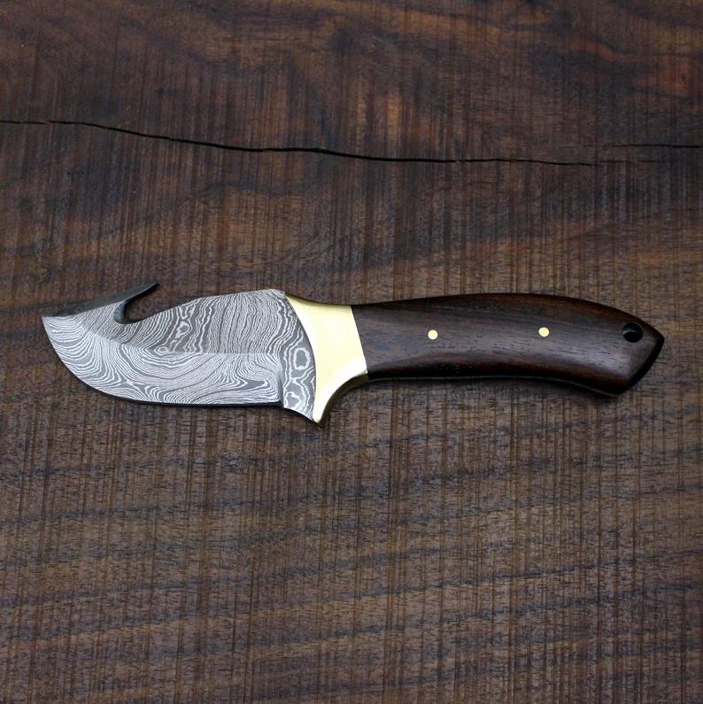 Damascus Steel Edc Guthook Skinner Knife - Image 2