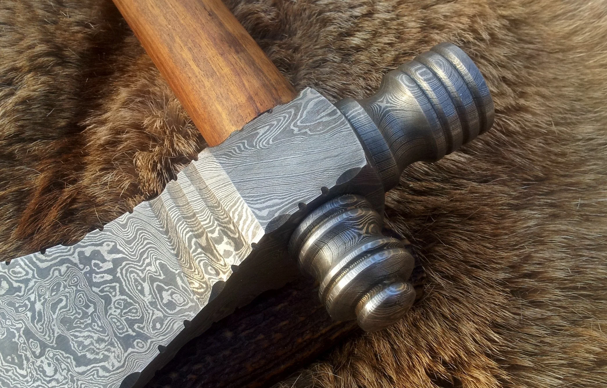 Damascus Steel Handmade Custom Viking Smoke Pine Tomahawk Axe with Rosewood Handle and Leather Sheath - By KBS Knives Store - Image 2