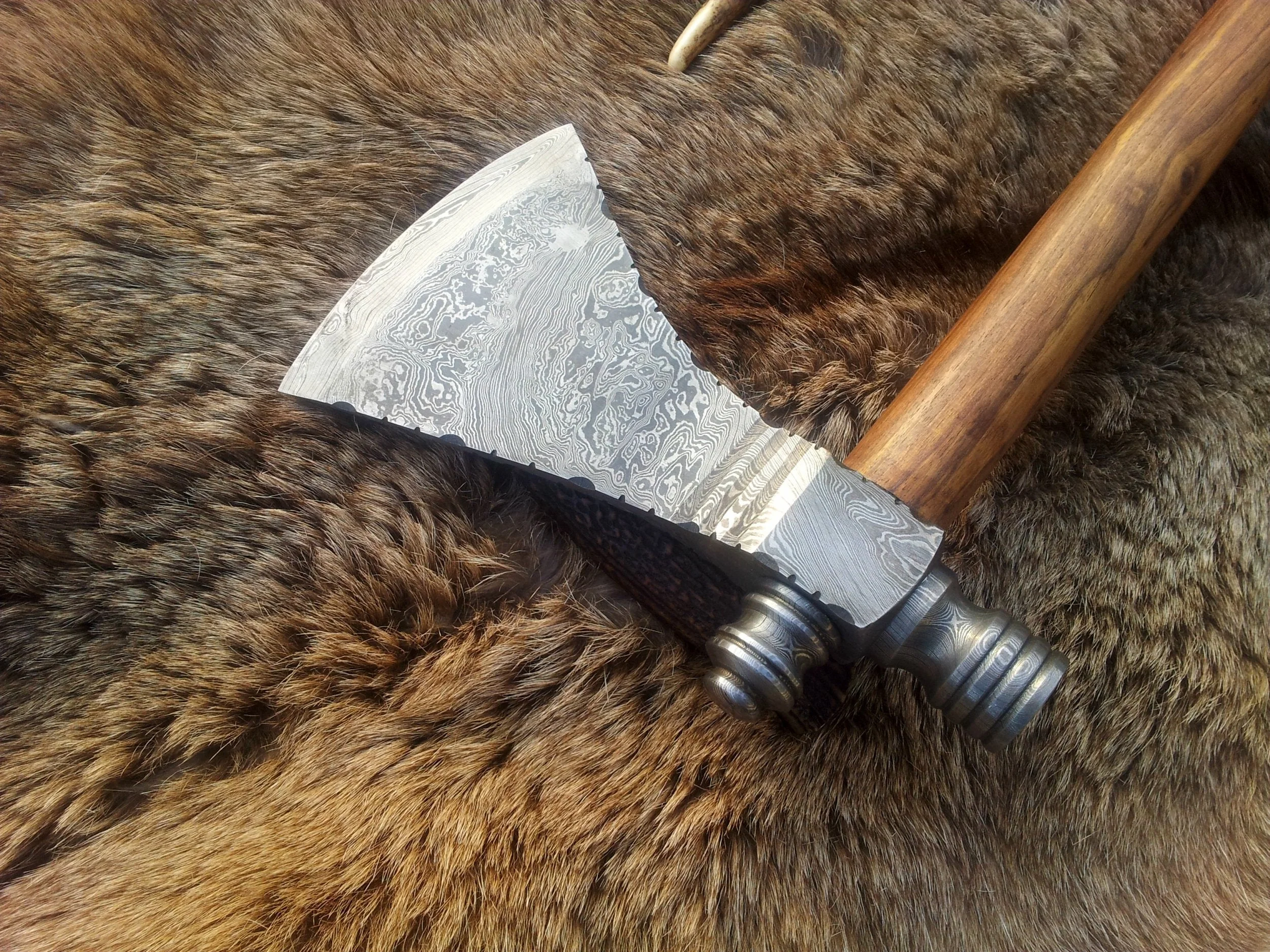 Damascus Steel Handmade Custom Viking Smoke Pine Tomahawk Axe with Rosewood Handle and Leather Sheath - By KBS Knives Store - Image 3