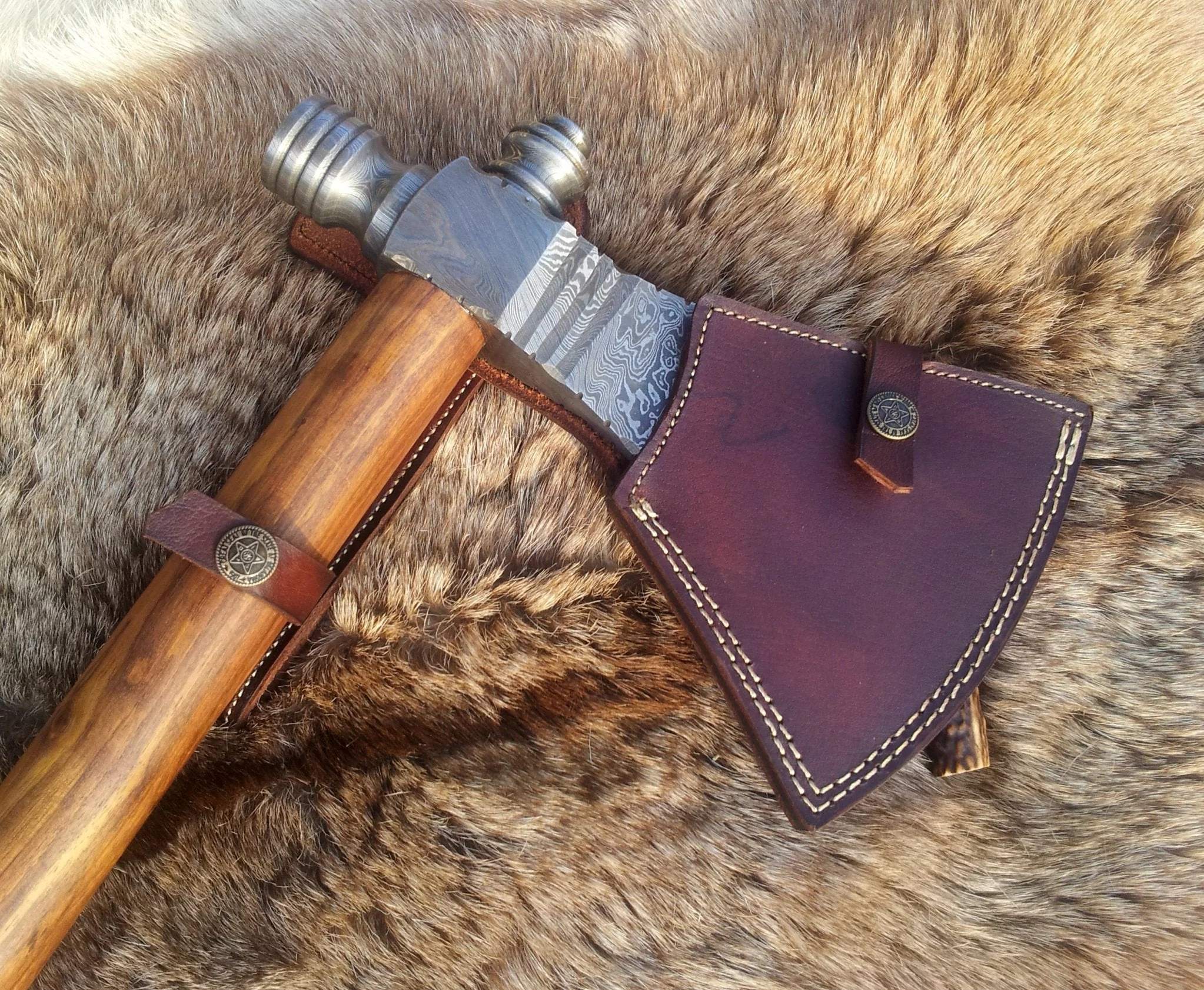 Damascus Steel Handmade Custom Viking Smoke Pine Tomahawk Axe with Rosewood Handle and Leather Sheath - By KBS Knives Store - Image 5