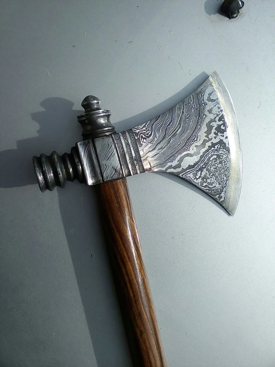 Damascus Steel Handmade Custom Viking Smoke Pine Tomahawk Axe with Rosewood Handle and Leather Sheath - By KBS Knives Store - Image 2