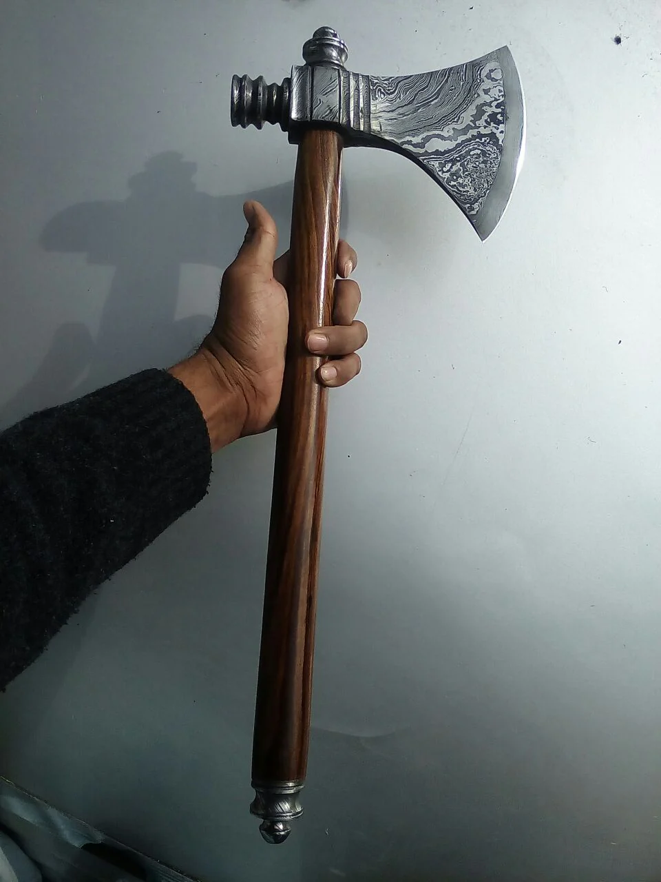 Damascus Steel Handmade Custom Viking Smoke Pine Tomahawk Axe with Rosewood Handle and Leather Sheath - By KBS Knives Store - Image 3