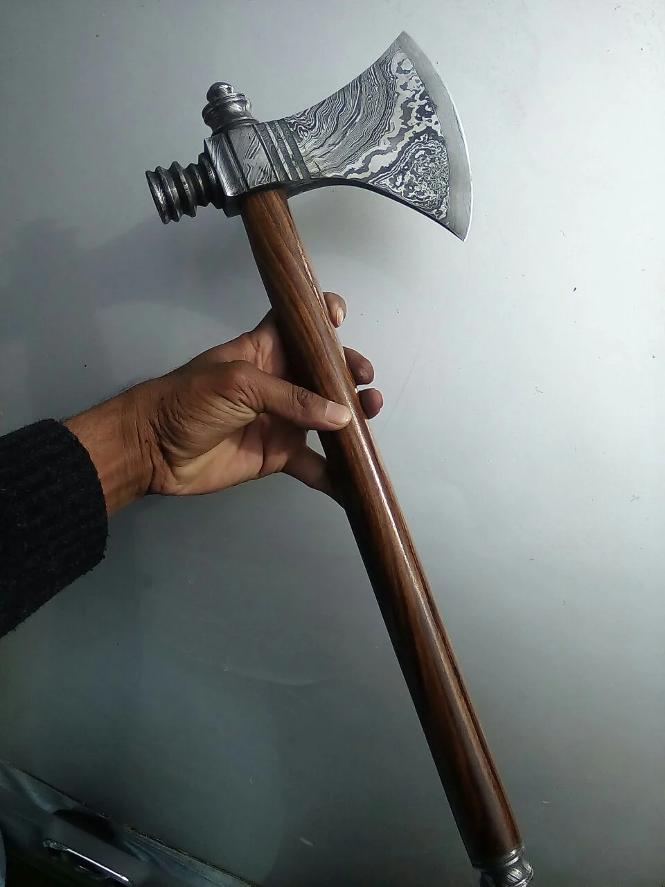 Damascus Steel Handmade Custom Viking Smoke Pine Tomahawk Axe with Rosewood Handle and Leather Sheath - By KBS Knives Store - Image 4