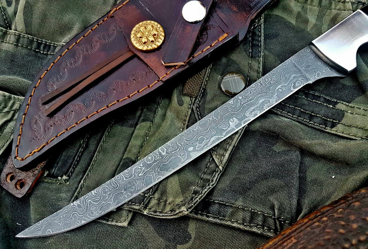 Damascus Steel handmade Fillet Boning Knife With Black Micarta and Steel Bolster handle, Overall length 13 inches - Image 2