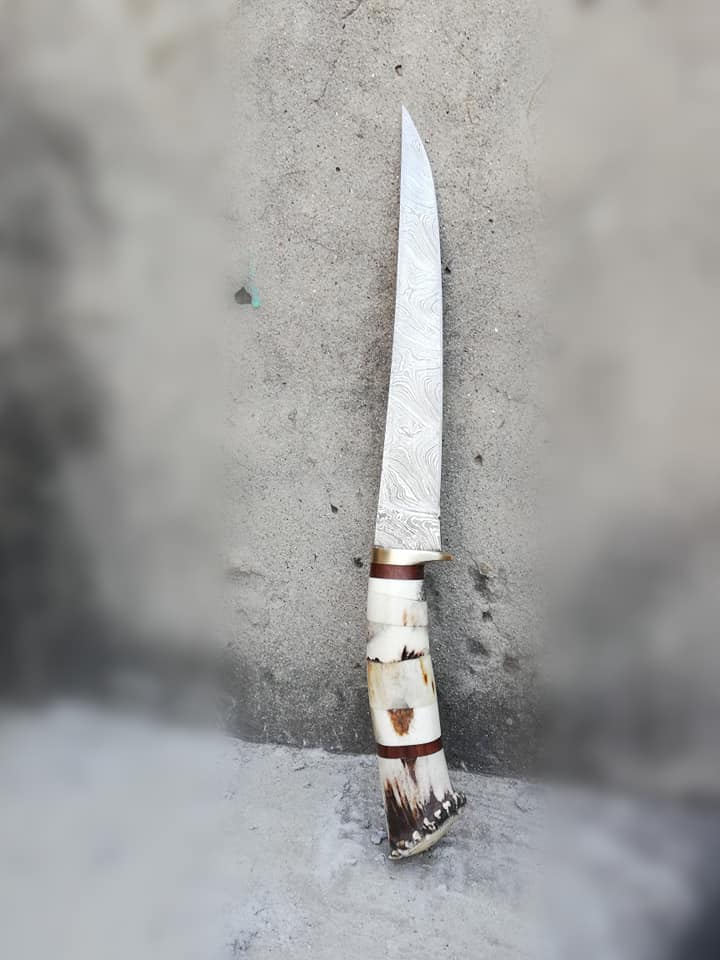 Damascus Steel Handmade Fillet Boning Knife with Stag Horn, Bone and Brass Finger Guard Handle, 12-Inch Overall Length - Image 2