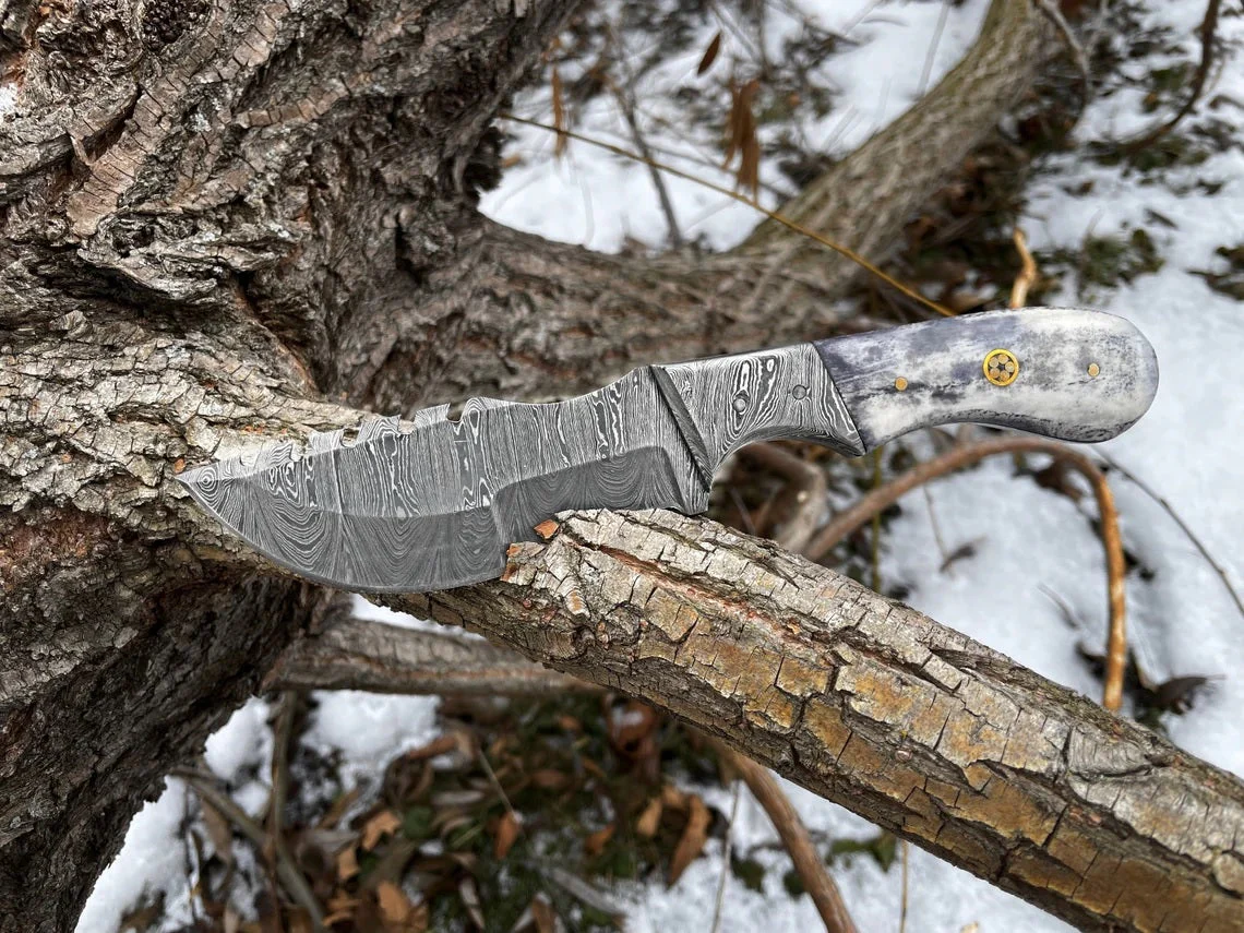Damascus Steel Handmade Tom Brown Tracker Knife with Color Bone and Damascus Bolster Handle - 12 Inches Overall Length - Image 3