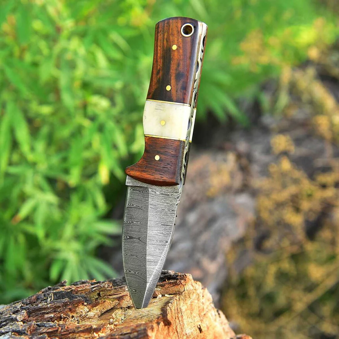 EDC Custom Handmade Damascus Steel Skinning Blade with Rosewood & Bone Handle, 6.25-inch - Image 3