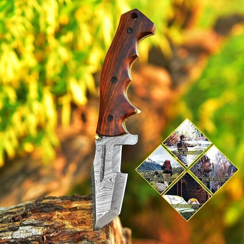 EDC Tracker Folding Pocket Knife - Damascus Blade & Rosewood Handle - Image 2