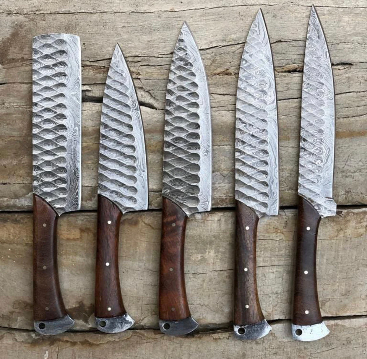 Elegant Rosewood & Damascus Steel 5-Piece Kitchen Knives Set with Leather Roll