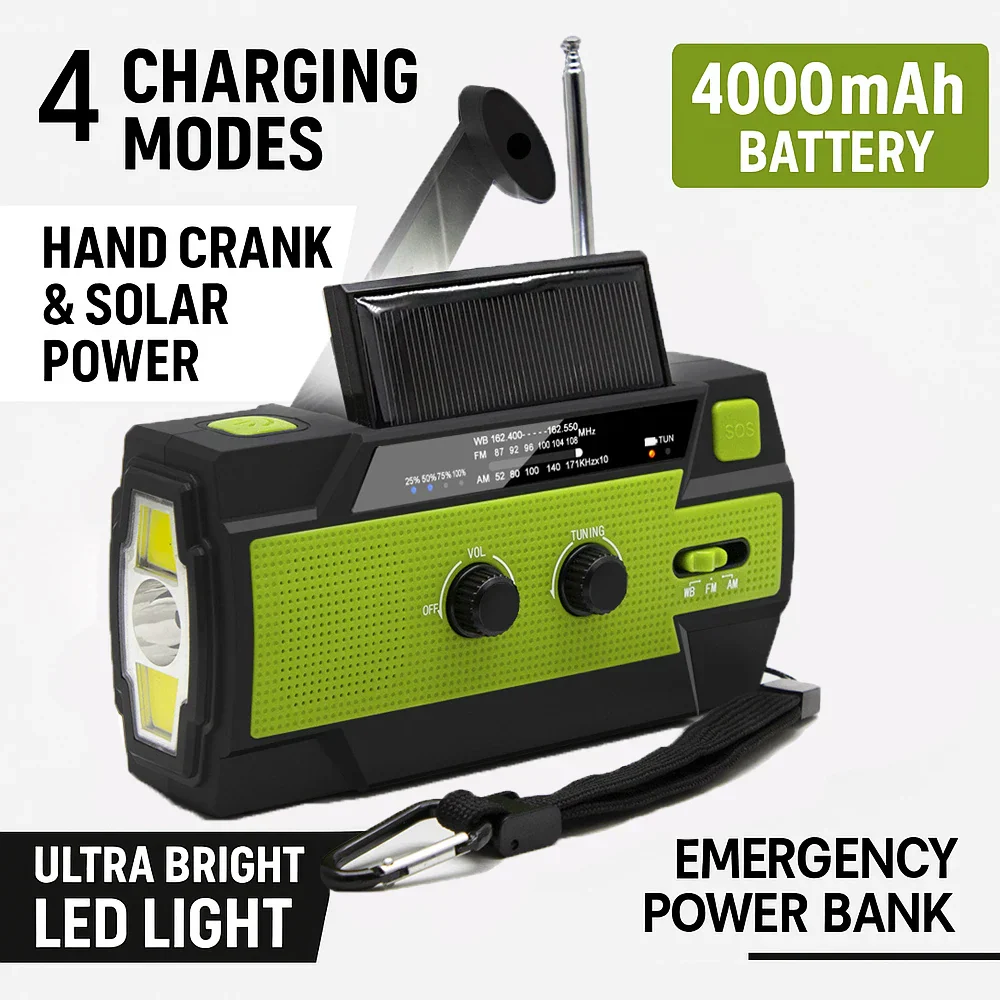 Emergency NOAA Weather Radio Solar Hand Crank 4000mAh Power Bank SOS LED - Image 2