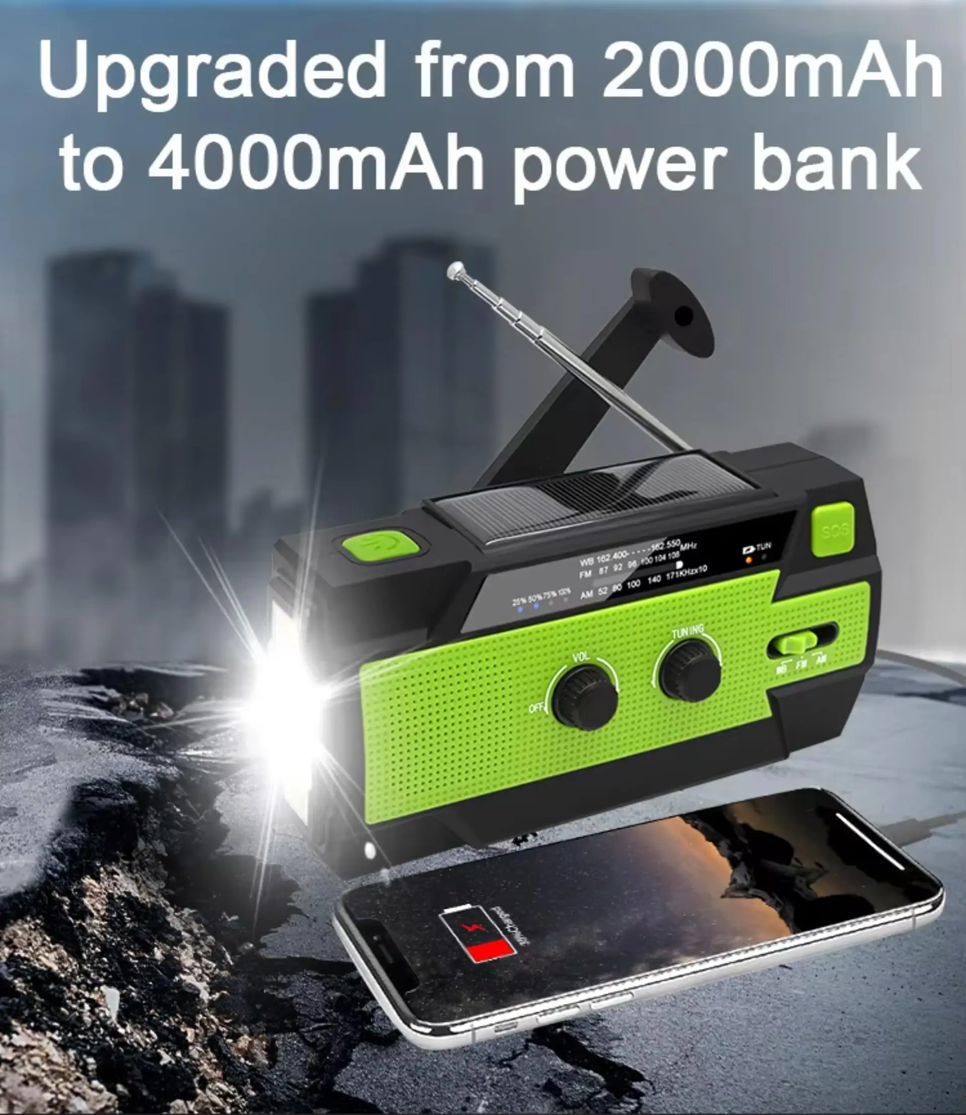Emergency NOAA Weather Radio Solar Hand Crank 4000mAh Power Bank SOS LED - Image 4