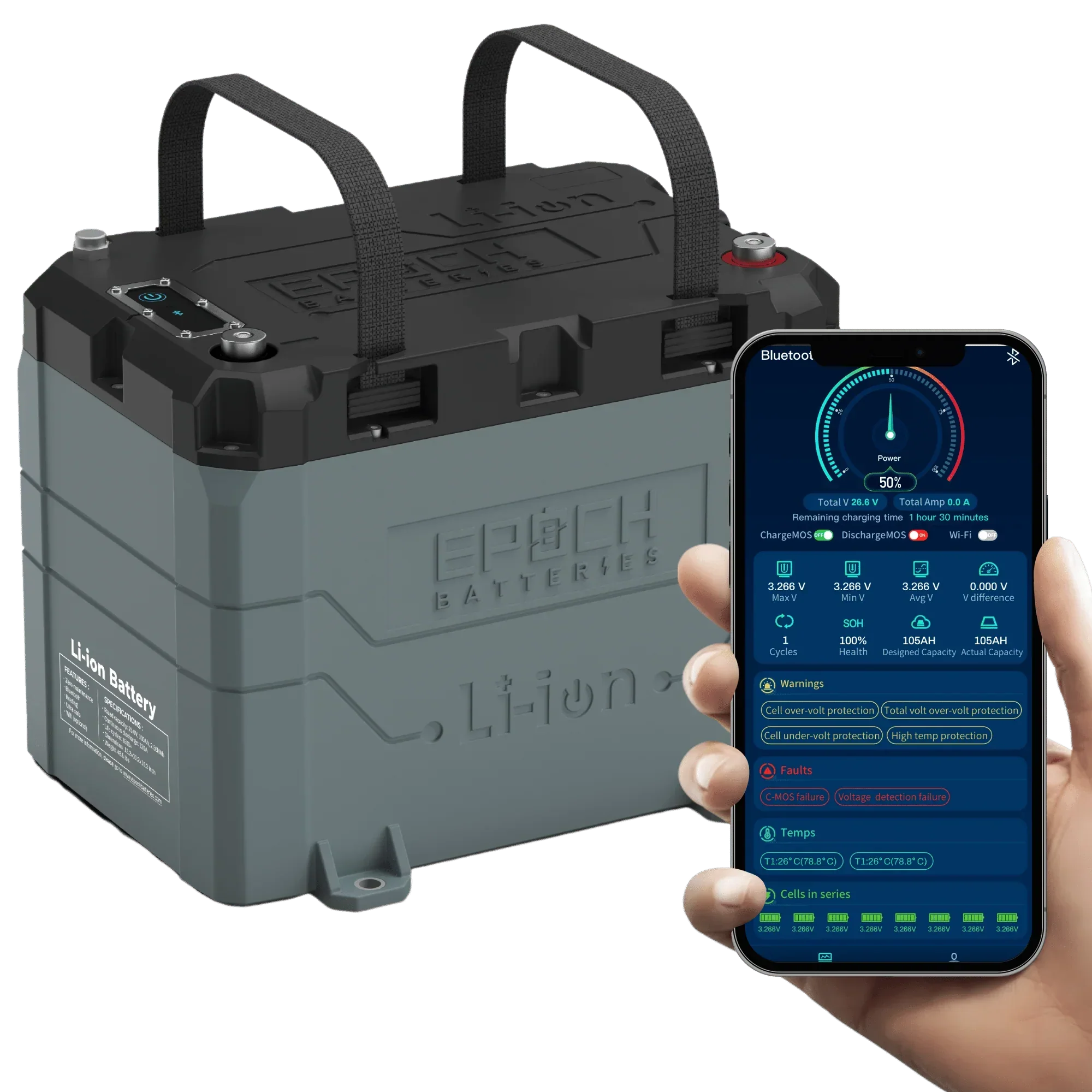 Epoch Batteries 24V 100Ah LiFePO4 Lithium Battery - Bluetooth, Heating, Waterproof - Image 2