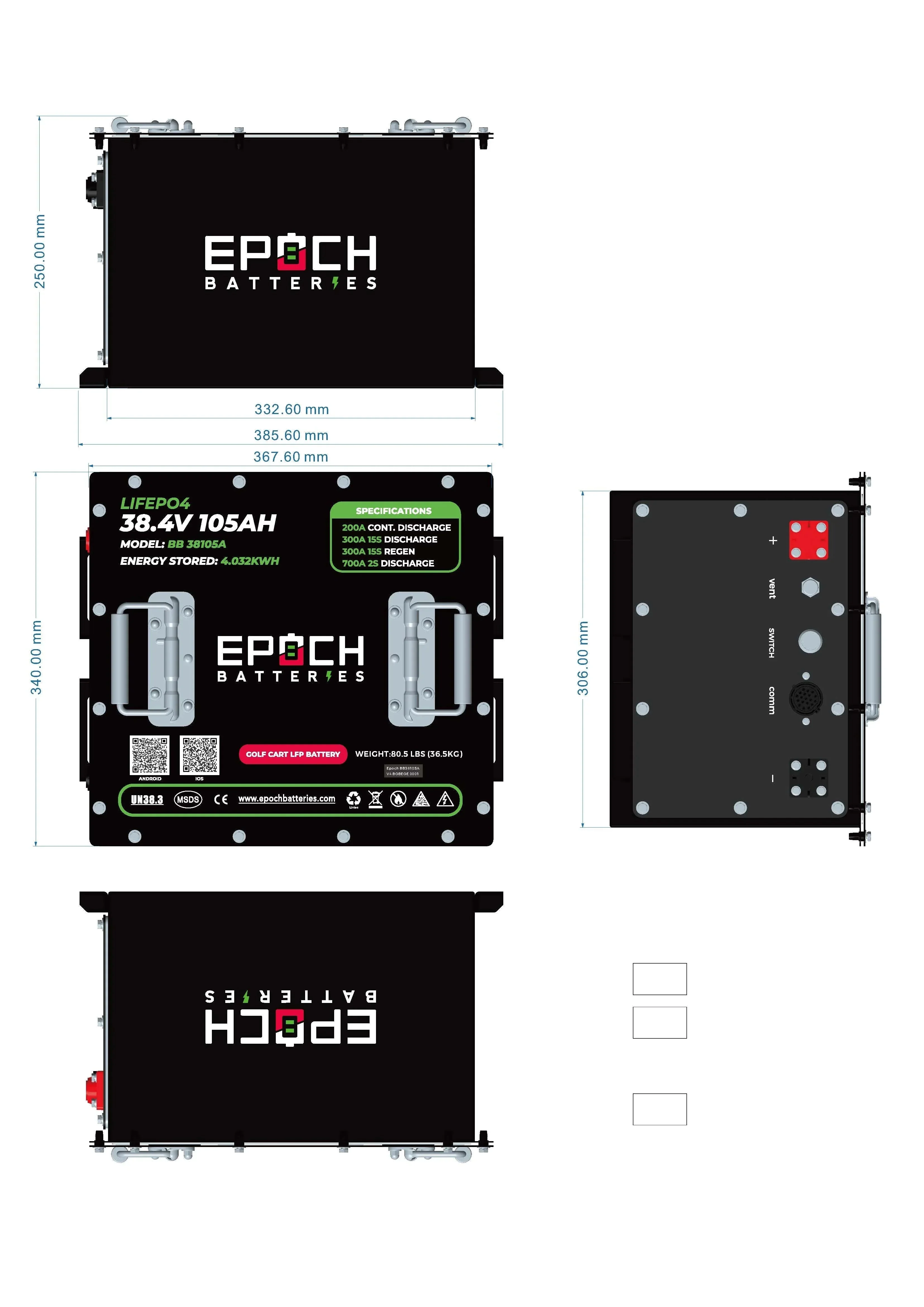 Epoch Batteries 36V 105Ah - LiMax Series - Lithium (LiFePO4) Golf Cart Battery - Complete Kit - Image 4